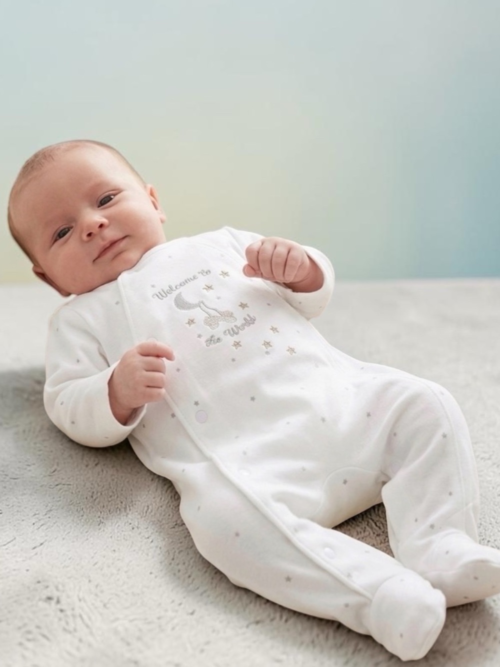 ๐Little Me White Footed One-Piece with Star Moon Embroidery